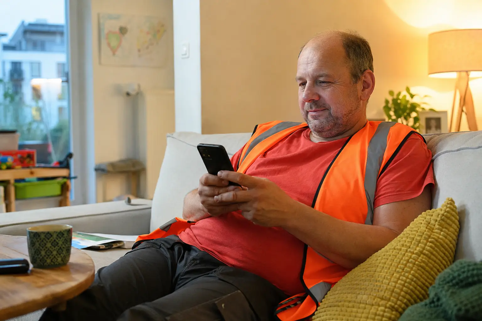 Mitarbeiter in Arbeitskleidung nutzt sein Smartphone nach Feierabend